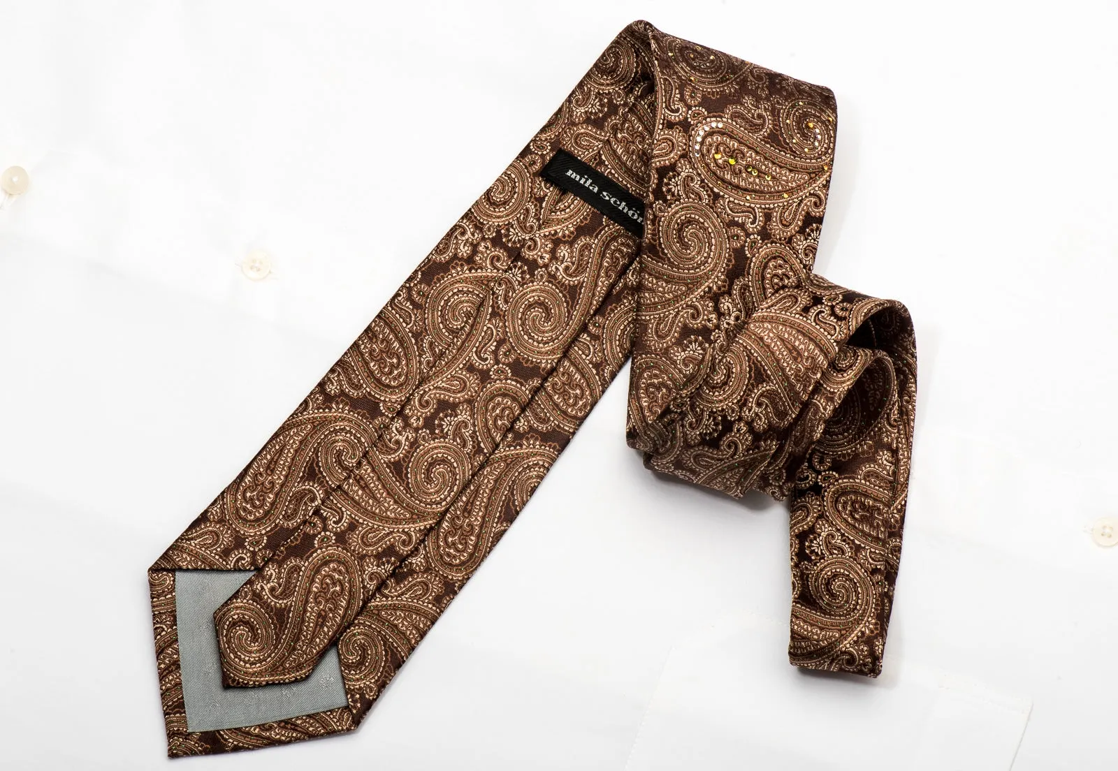 Mila Schon Men's Silk Necktie Paisley On Brown Sparkling With Rhinestones