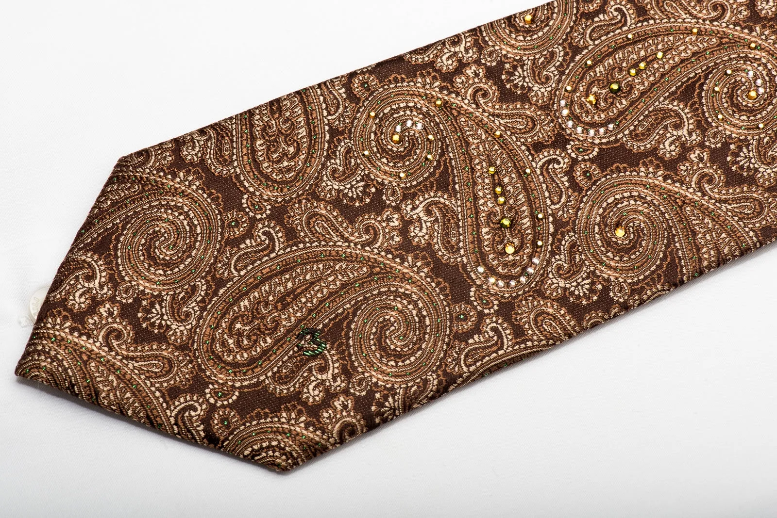 Mila Schon Men's Silk Necktie Paisley On Brown Sparkling With Rhinestones