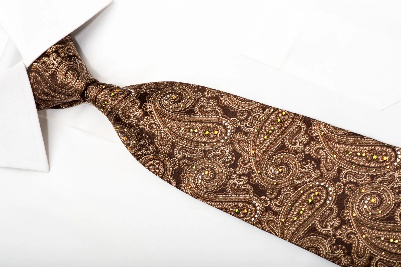 Mila Schon Men's Silk Necktie Paisley On Brown Sparkling With Rhinestones