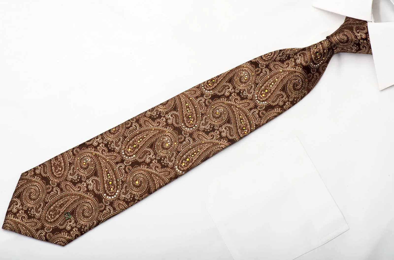 Mila Schon Men's Silk Necktie Paisley On Brown Sparkling With Rhinestones