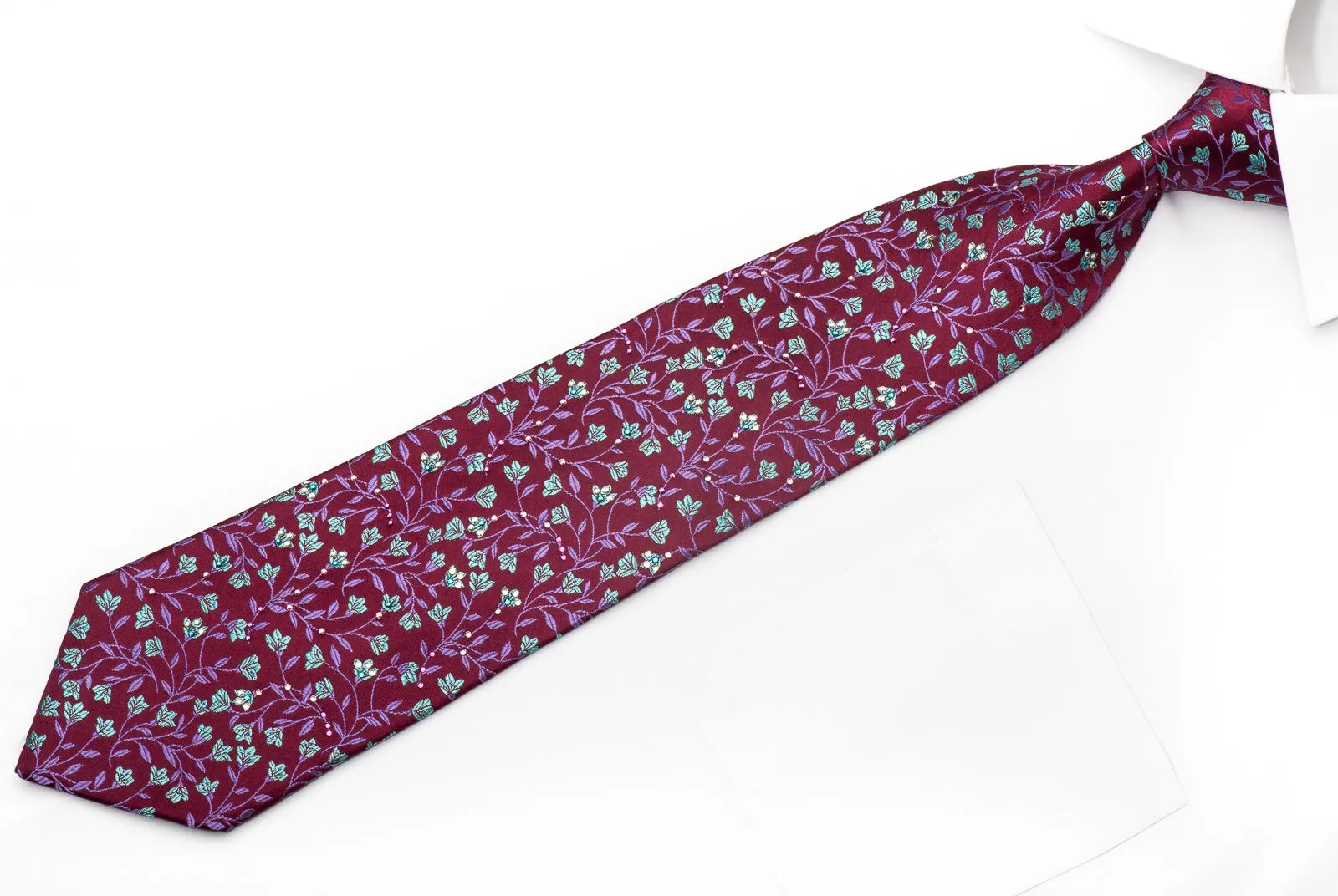 Mila Schon Men's Silk Tie Teal Floral On Purple Crystal Necktie