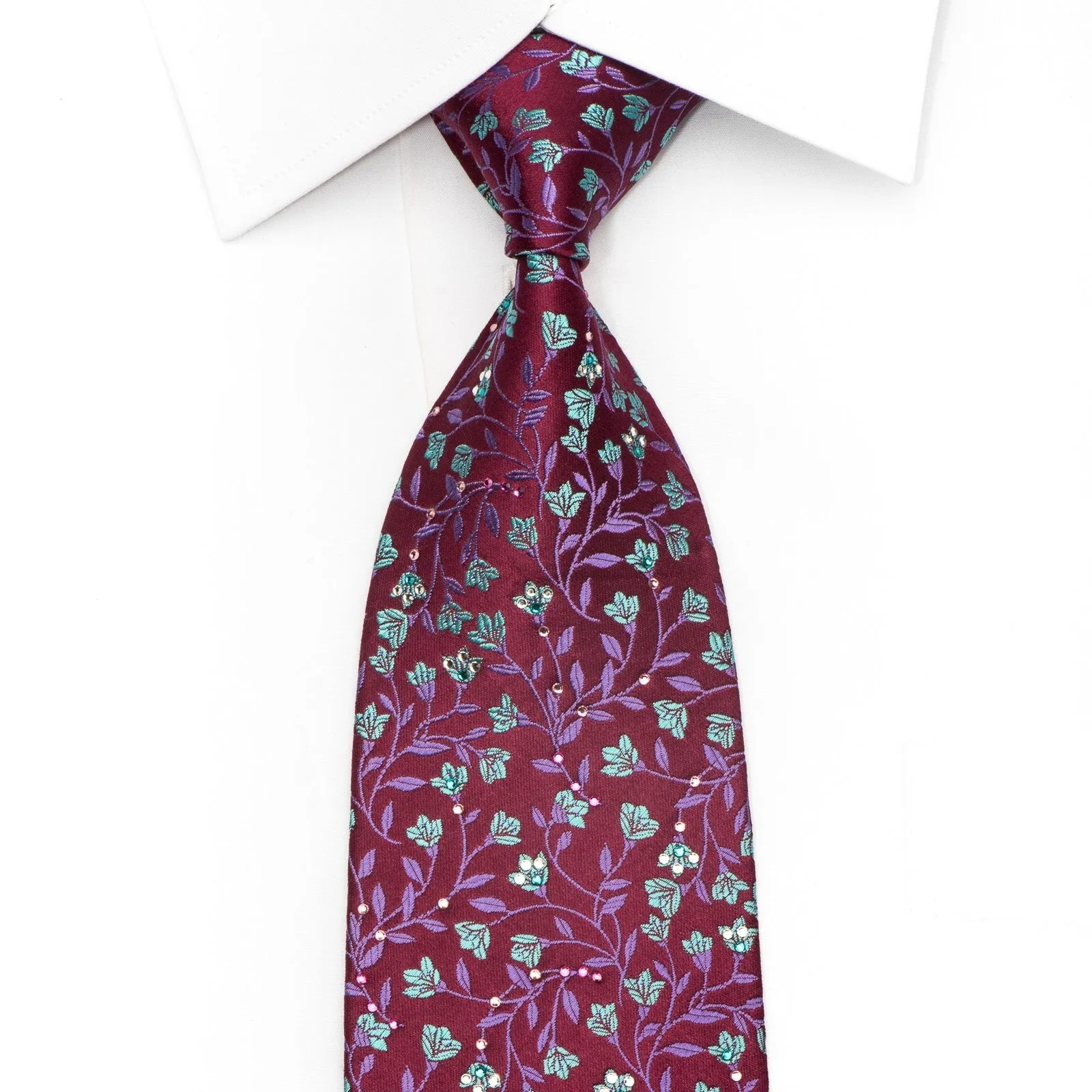 Mila Schon Men's Silk Tie Teal Floral On Purple Crystal Necktie