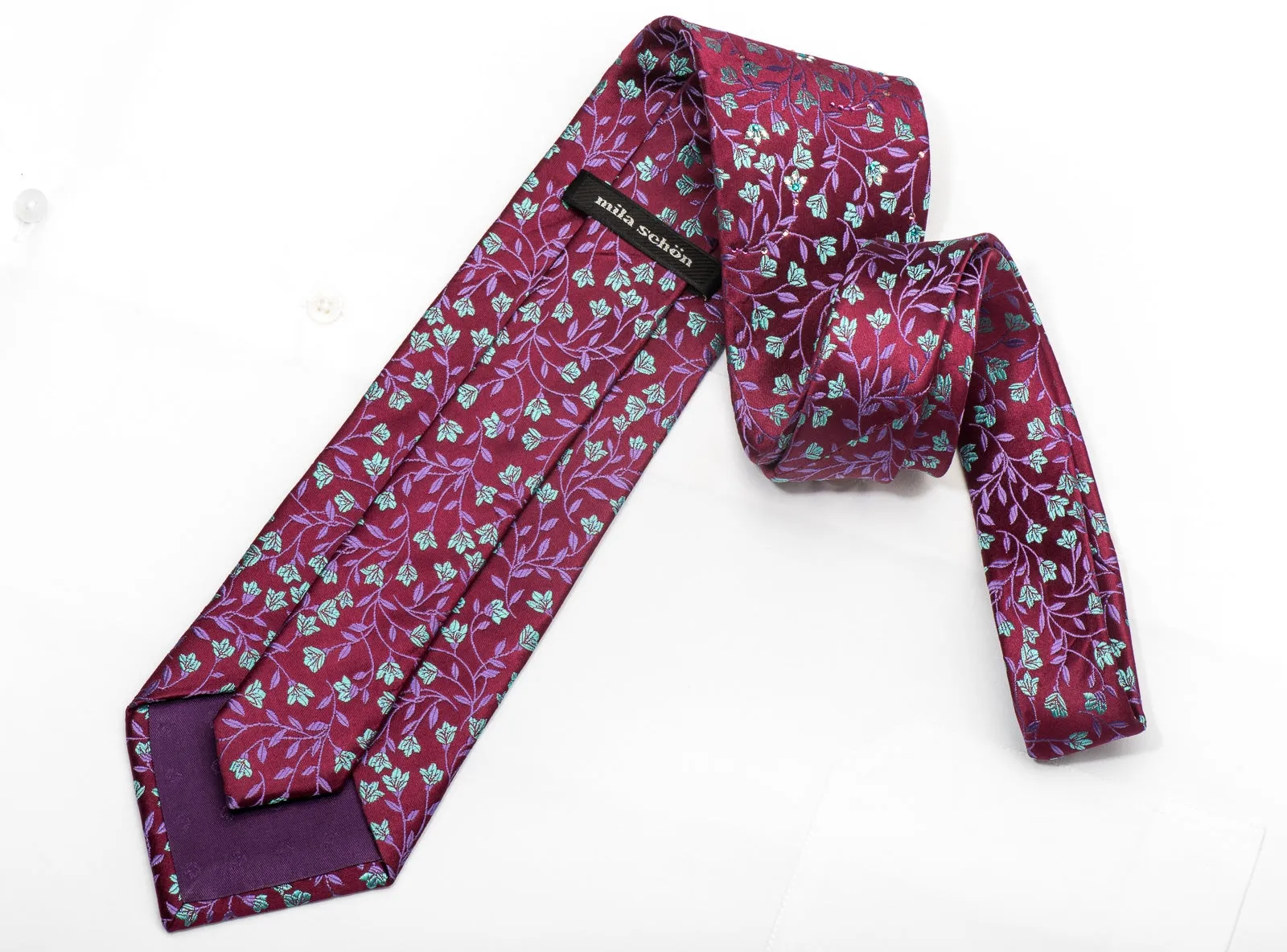 Mila Schon Men's Silk Tie Teal Floral On Purple Crystal Necktie