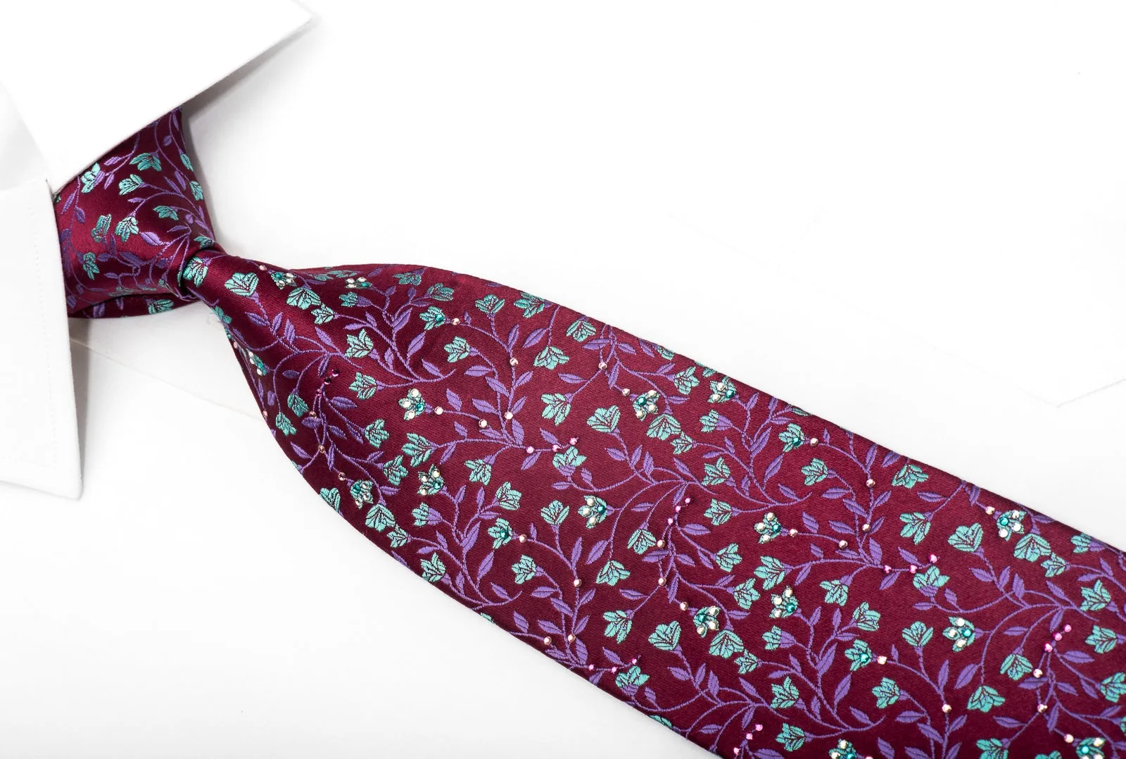 Mila Schon Men's Silk Tie Teal Floral On Purple Crystal Necktie