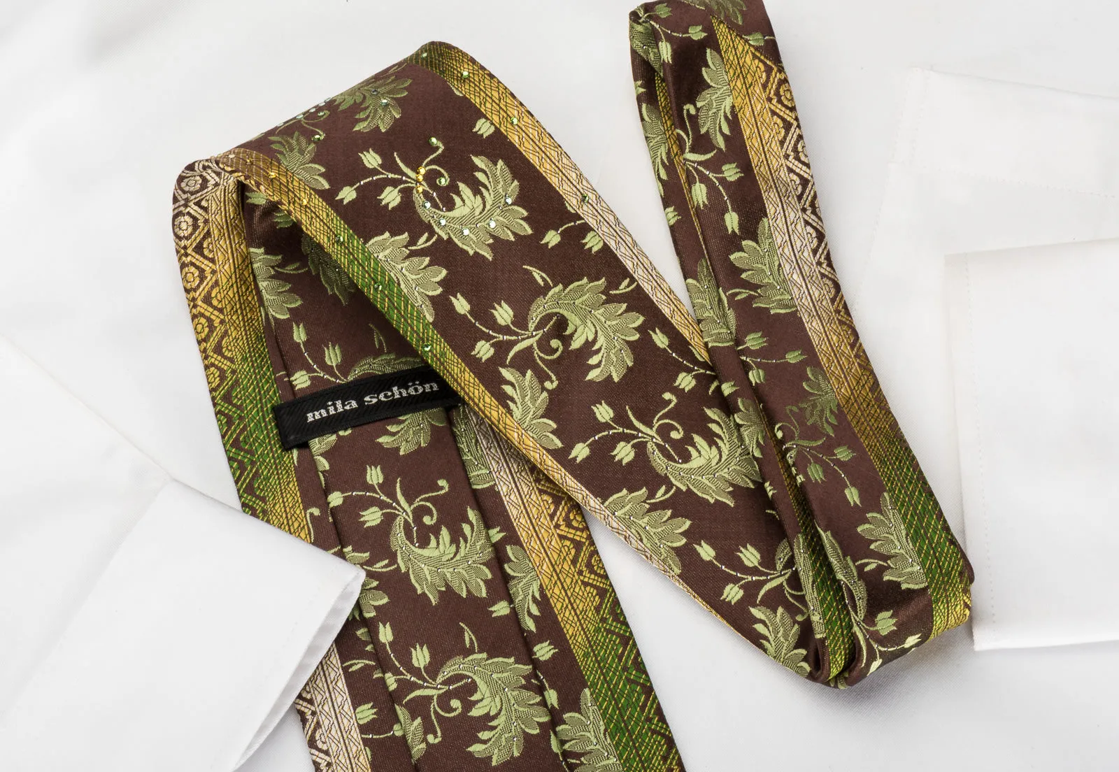 Mila Schon Rhinestone Silk Necktie Green Floral On Brown With Silver Sparkles