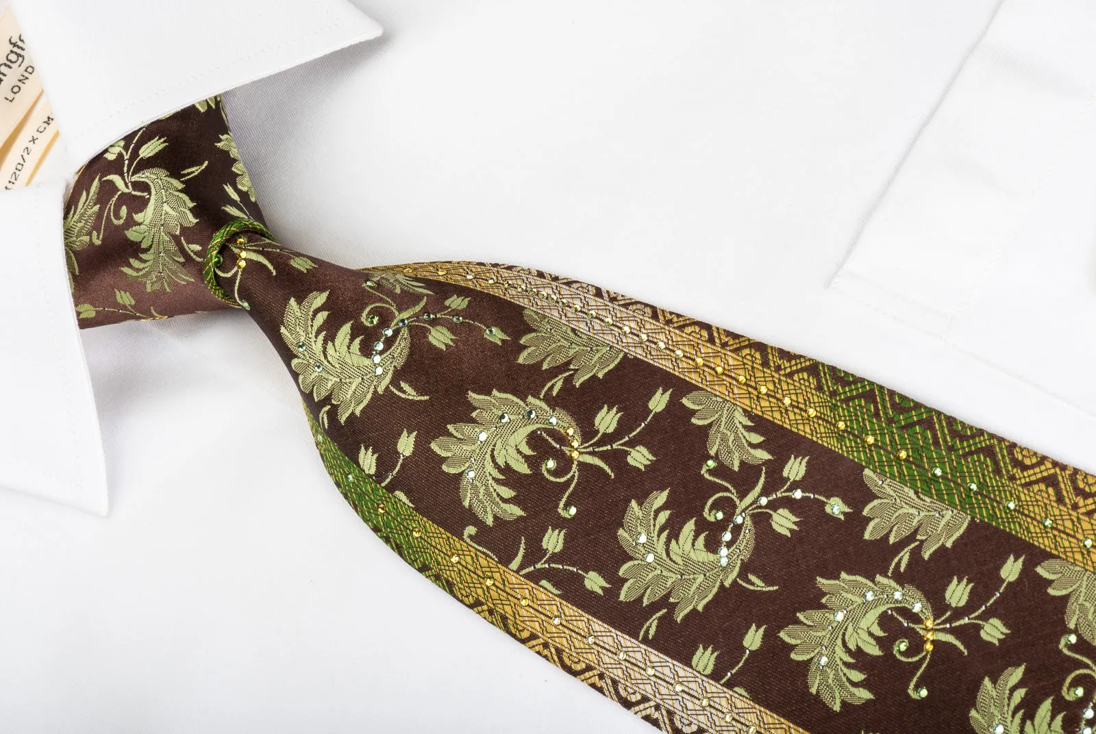 Mila Schon Rhinestone Silk Necktie Green Floral On Brown With Silver Sparkles