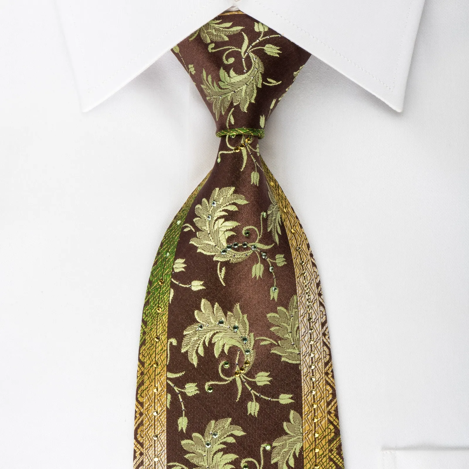 Mila Schon Rhinestone Silk Necktie Green Floral On Brown With Silver Sparkles