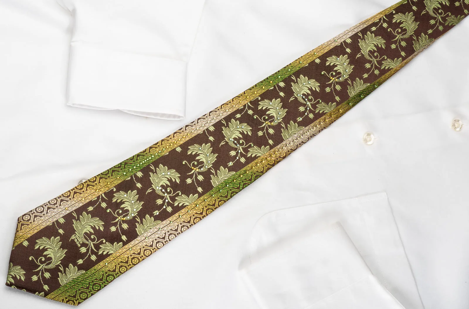 Mila Schon Rhinestone Silk Necktie Green Floral On Brown With Silver Sparkles