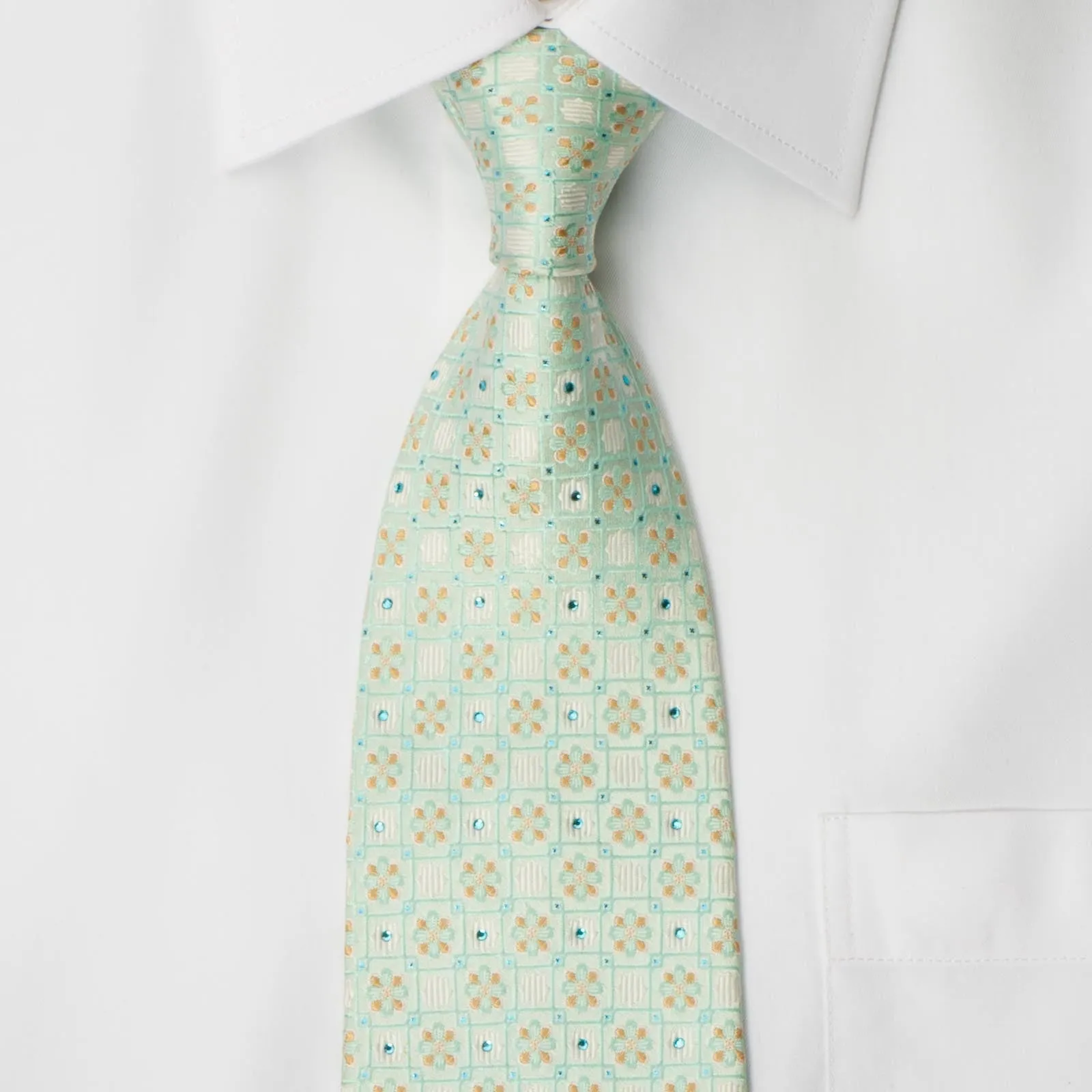 Mila Schon Silk Rhinestone Necktie Squares & Quadrefoil On Light Green With Blue Sparkles