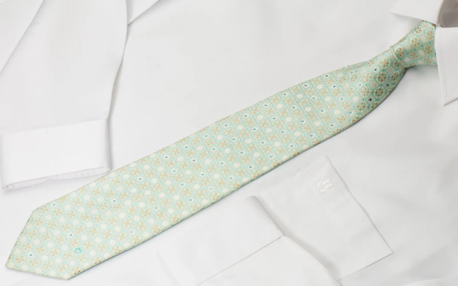 Mila Schon Silk Rhinestone Necktie Squares & Quadrefoil On Light Green With Blue Sparkles