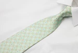 Mila Schon Silk Rhinestone Necktie Squares & Quadrefoil On Light Green With Blue Sparkles