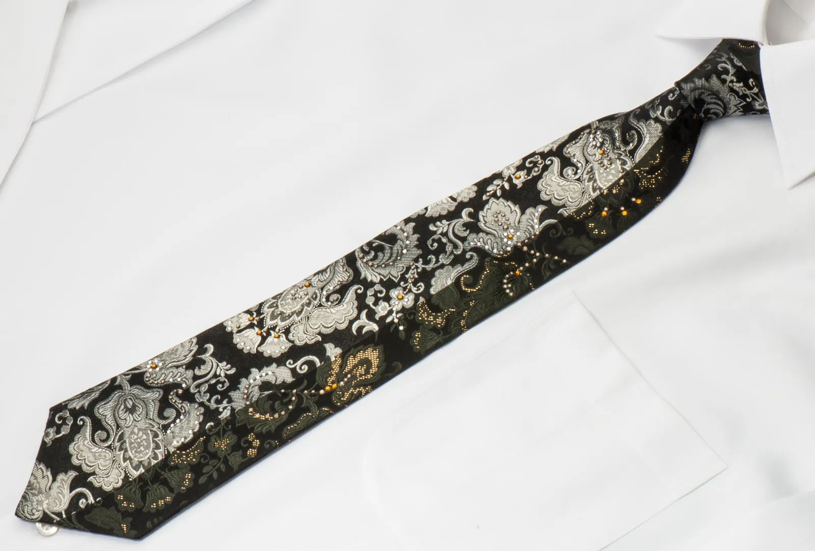 Naboth Men's Silk Rhinestone Necktie Silver Floral Paisley On Black With Silver Sparkles