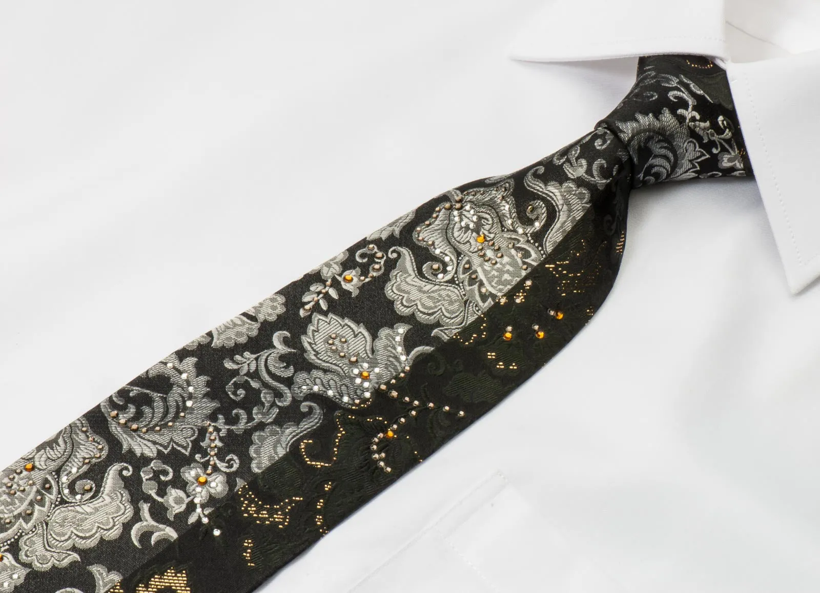 Naboth Men's Silk Rhinestone Necktie Silver Floral Paisley On Black With Silver Sparkles