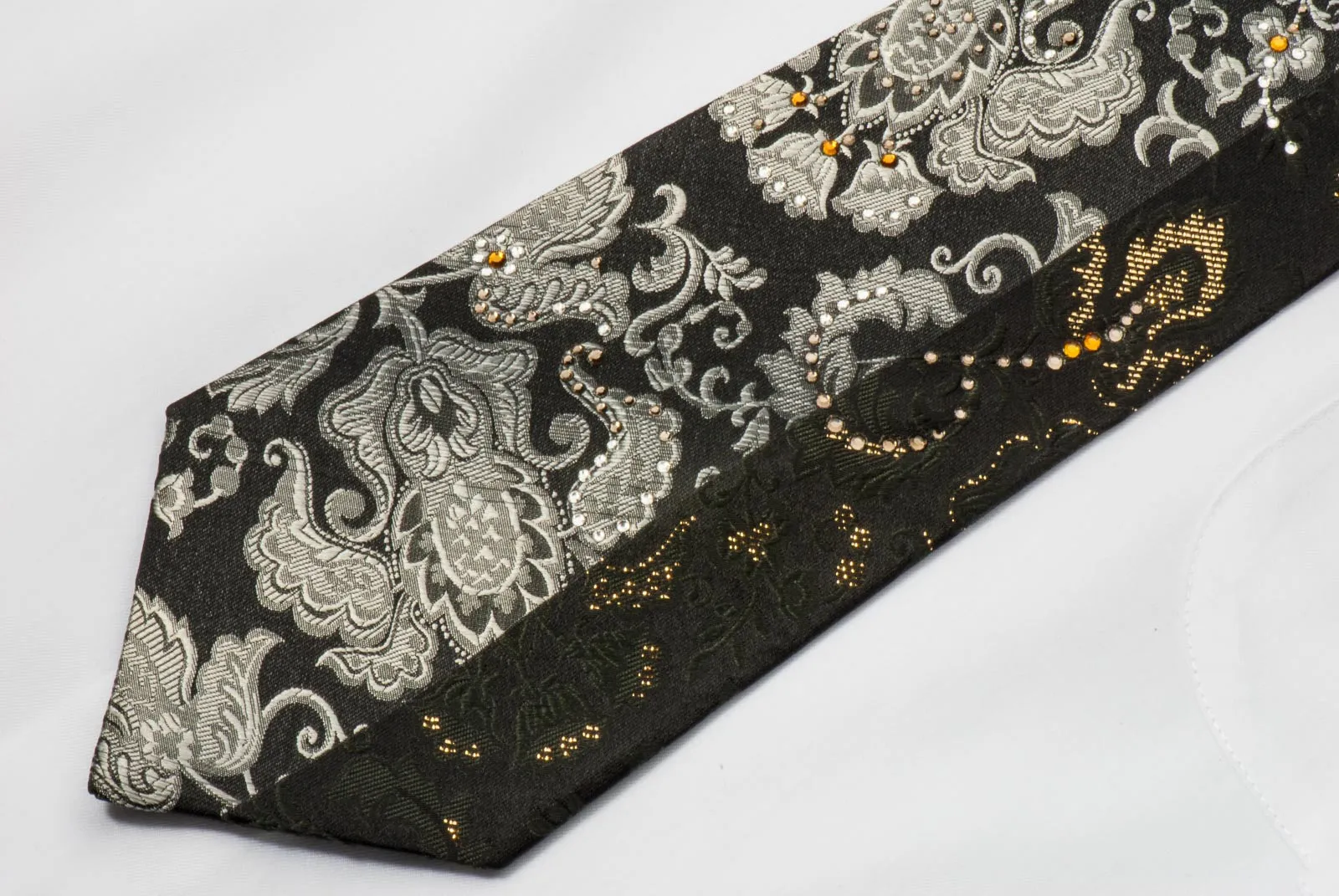 Naboth Men's Silk Rhinestone Necktie Silver Floral Paisley On Black With Silver Sparkles