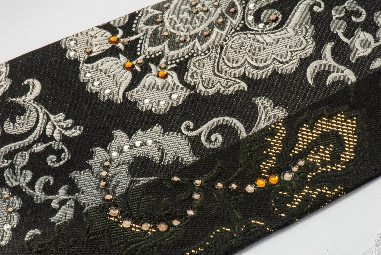 Naboth Men's Silk Rhinestone Necktie Silver Floral Paisley On Black With Silver Sparkles