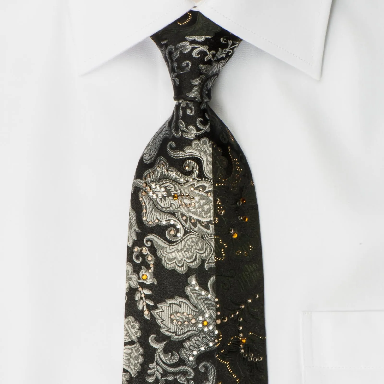 Naboth Men's Silk Rhinestone Necktie Silver Floral Paisley On Black With Silver Sparkles