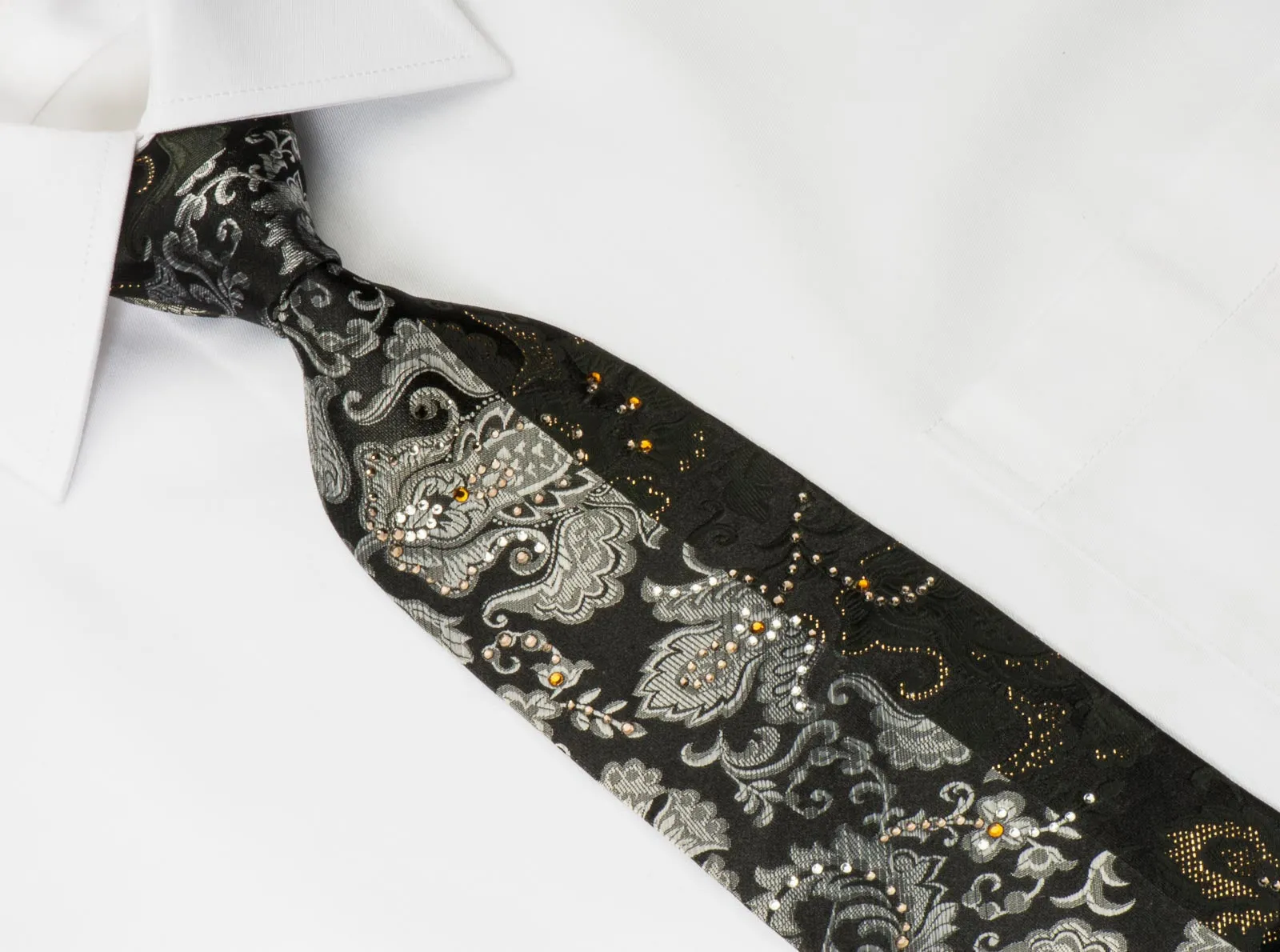 Naboth Men's Silk Rhinestone Necktie Silver Floral Paisley On Black With Silver Sparkles