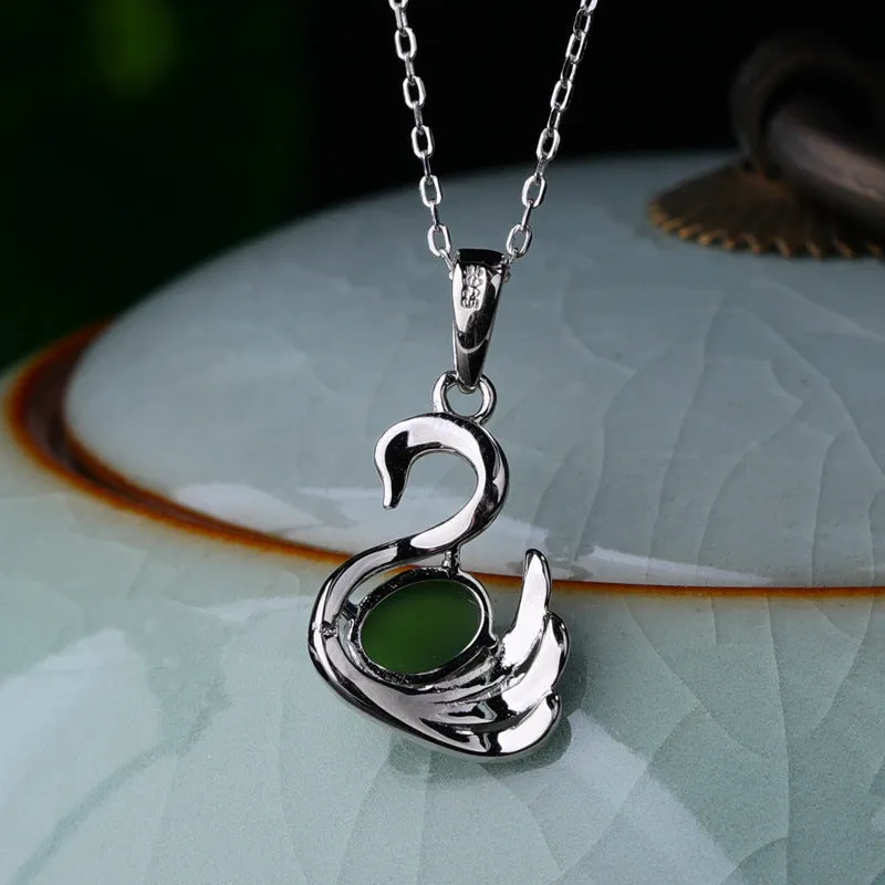 Natural Jade Pendant Nephrite Silver Swan Pendant ZPT184