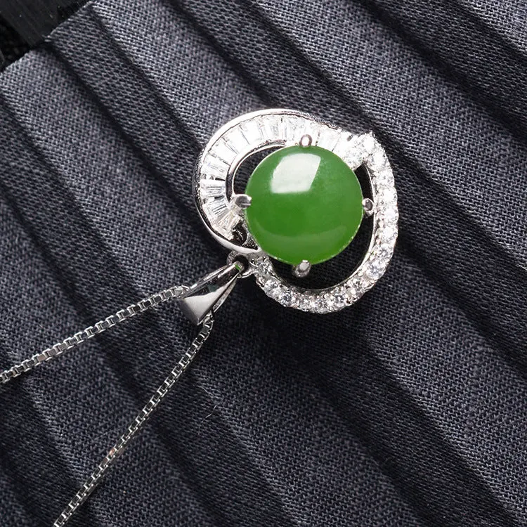 Natural Jade Pendant Nephrite Silver Zircon Pendant ZPT144