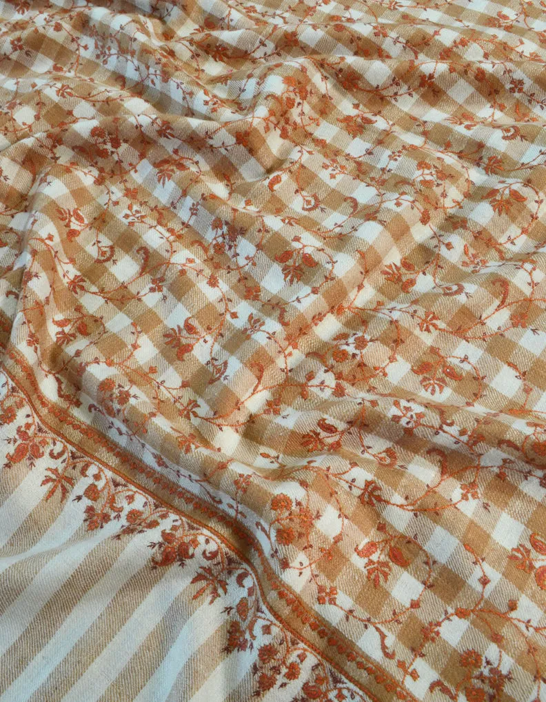 Natural Pashmina With Brown Stripes & Sozni Work 5559