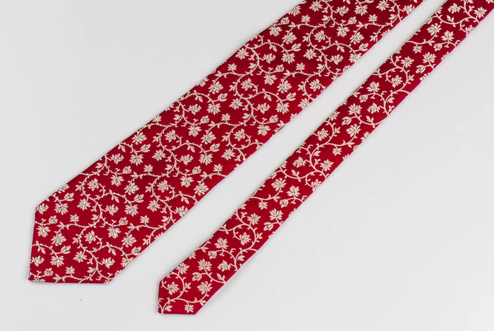 Neck Tie Golden Floral Design On Red Silk With Rhinestones