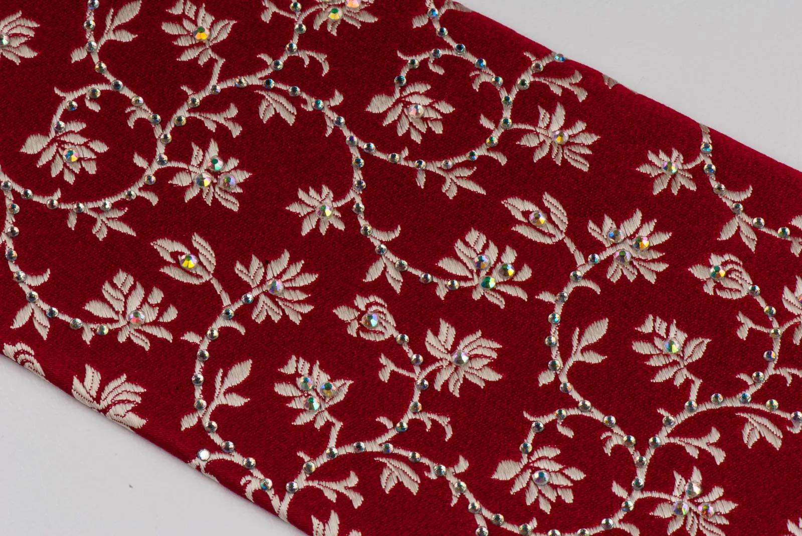 Neck Tie Golden Floral Design On Red Silk With Rhinestones