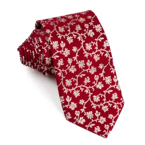 Neck Tie Golden Floral Design On Red Silk With Rhinestones