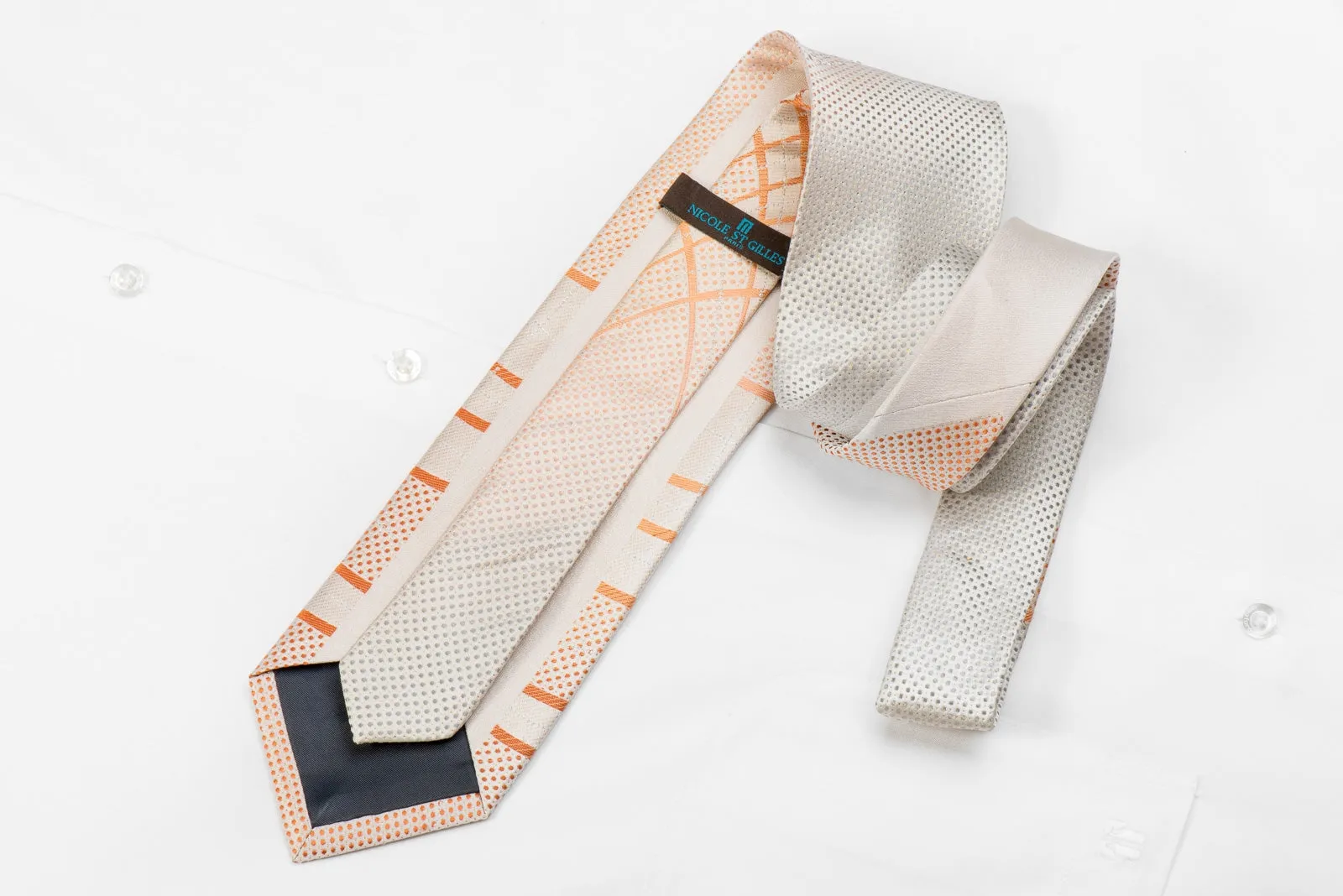 Nicole St Giles Men's Crystal Silk Necktie Orange Silver Geometric On Peach Silver With Sparkles