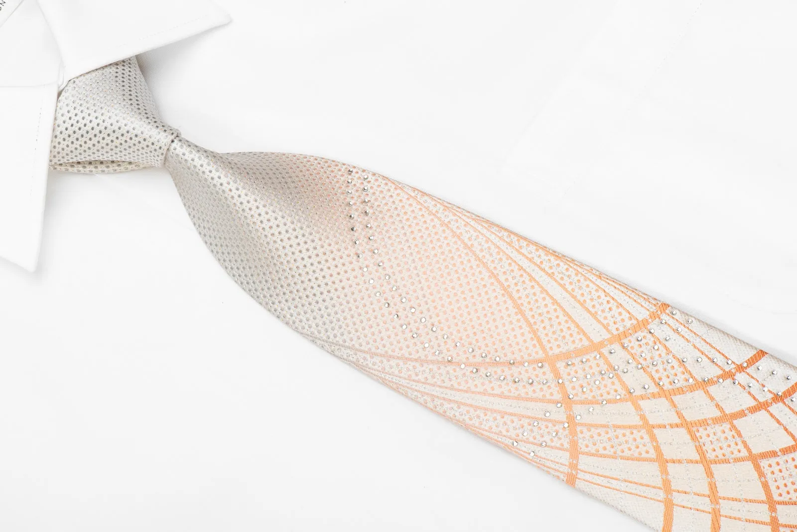 Nicole St Giles Men's Crystal Silk Necktie Orange Silver Geometric On Peach Silver With Sparkles