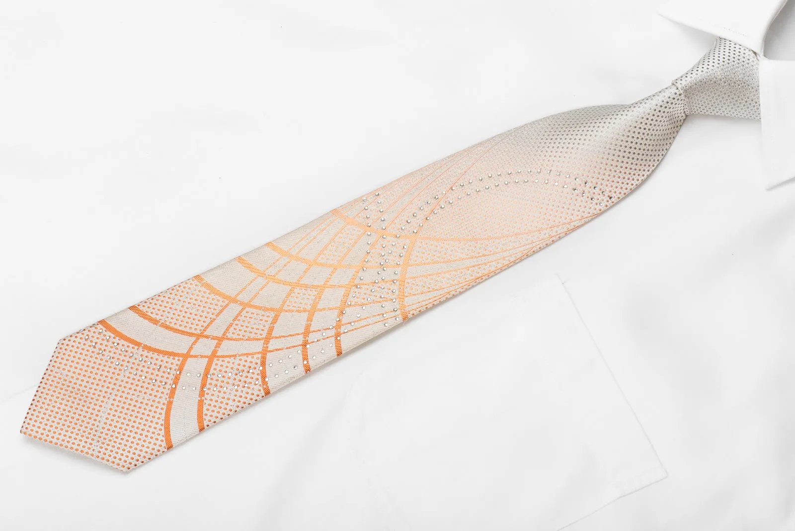 Nicole St Giles Men's Crystal Silk Necktie Orange Silver Geometric On Peach Silver With Sparkles