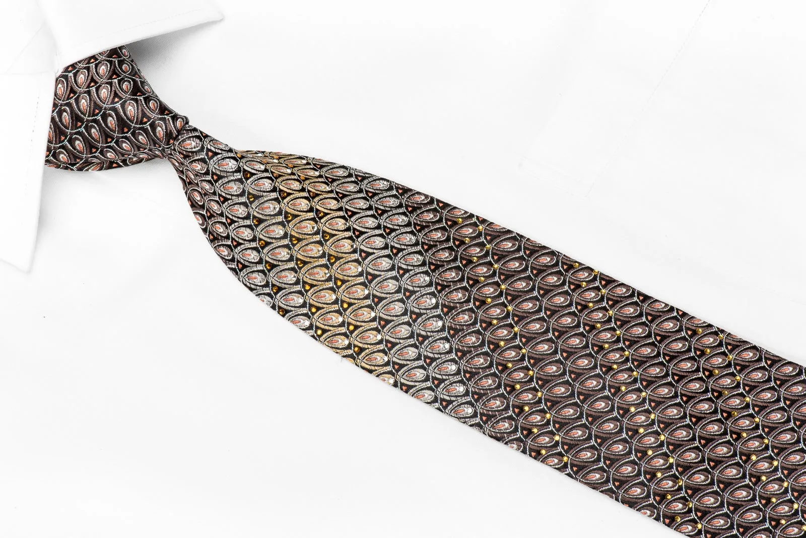 Nicole St Giles Mens Crystal Silk Necktie Silver Brown Orange Geometric On Black With Silver Sparkles