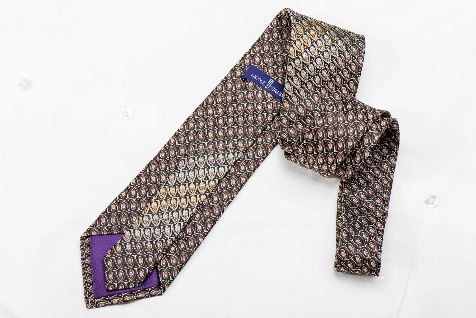 Nicole St Giles Mens Crystal Silk Necktie Silver Brown Orange Geometric On Black With Silver Sparkles