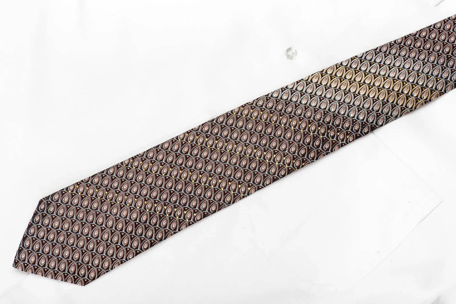 Nicole St Giles Mens Crystal Silk Necktie Silver Brown Orange Geometric On Black With Silver Sparkles