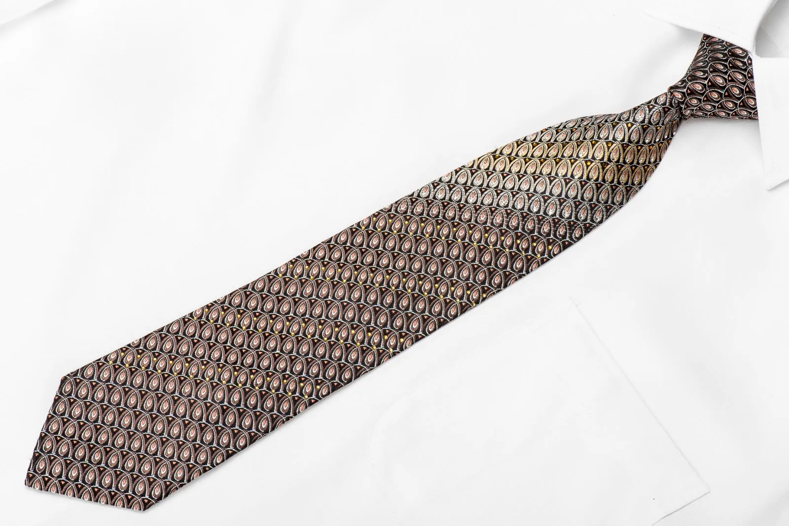 Nicole St Giles Mens Crystal Silk Necktie Silver Brown Orange Geometric On Black With Silver Sparkles