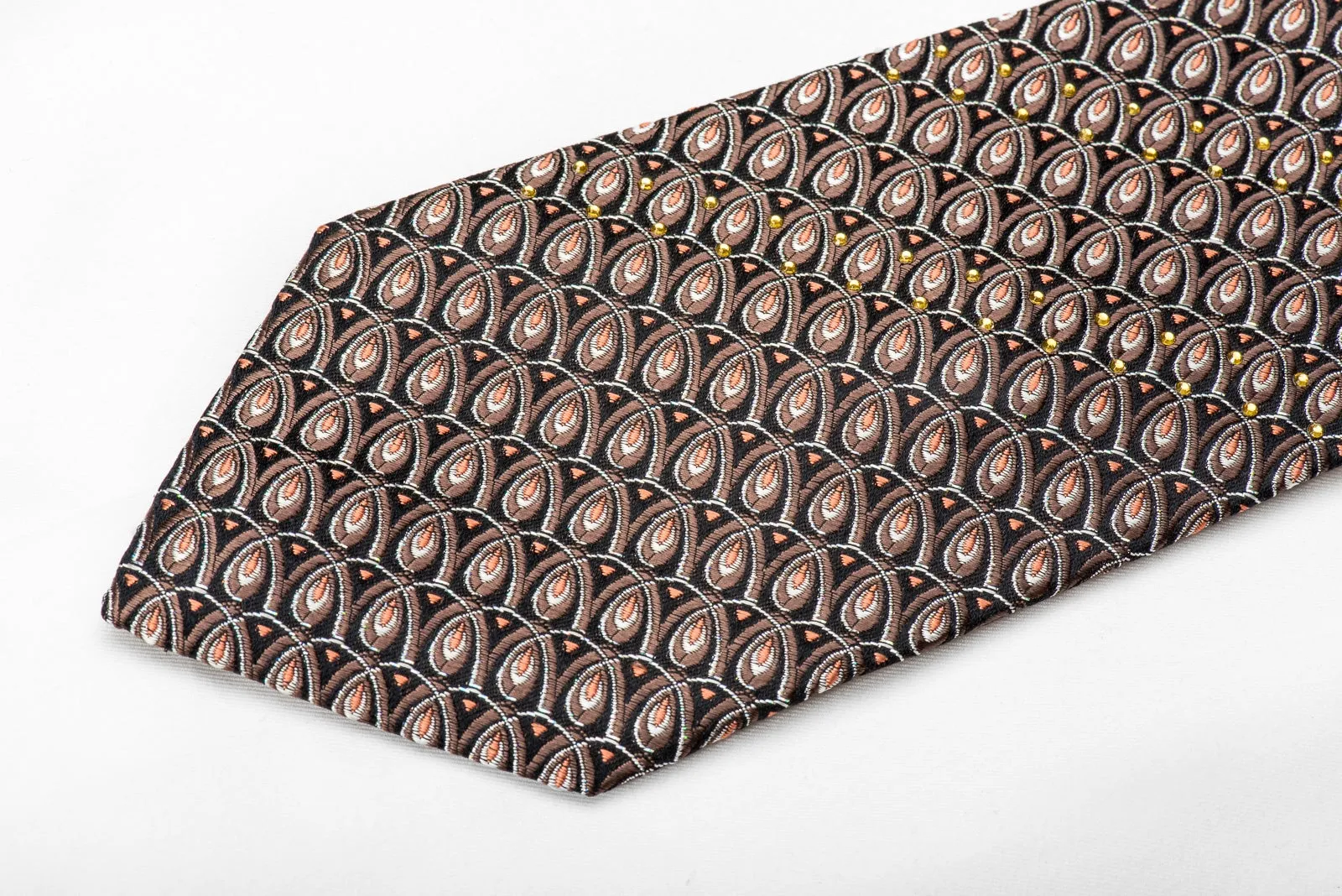 Nicole St Giles Mens Crystal Silk Necktie Silver Brown Orange Geometric On Black With Silver Sparkles