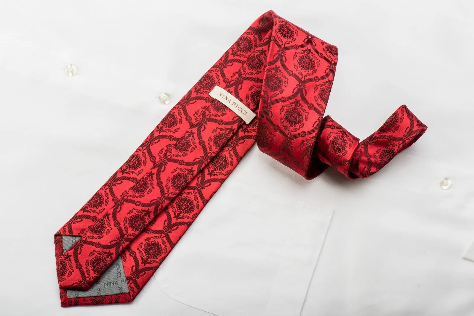 Nina Ricci Mens Rhinestone Silk Necktie Damask On Red