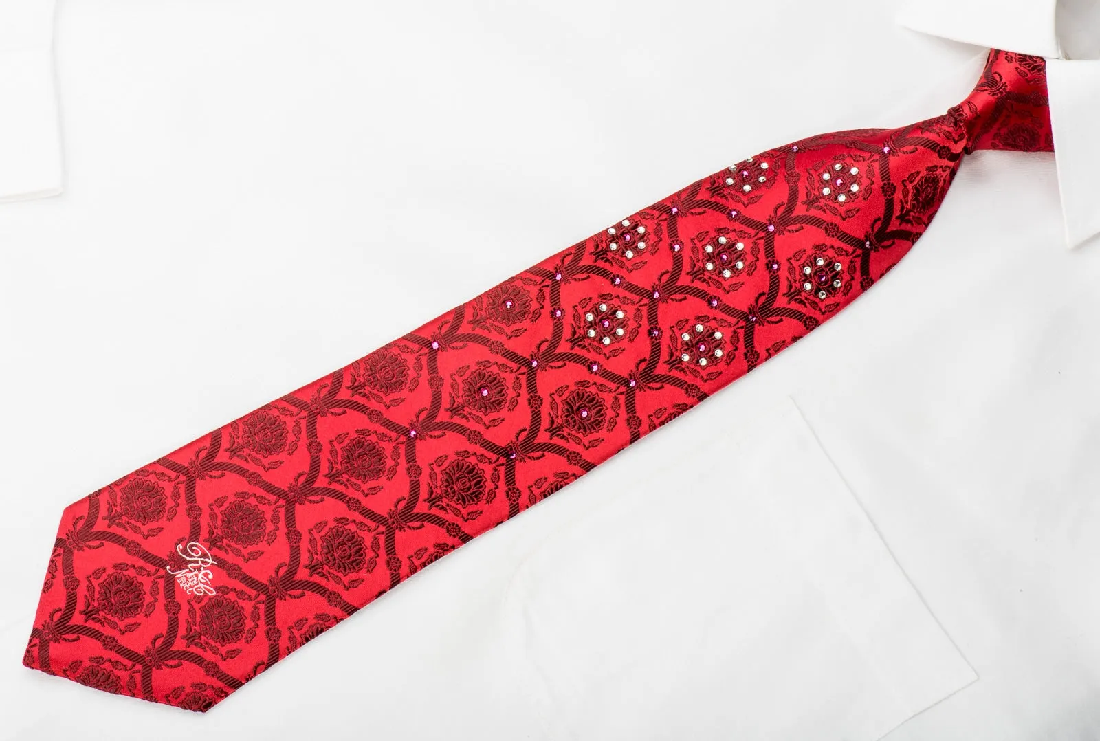 Nina Ricci Mens Rhinestone Silk Necktie Damask On Red