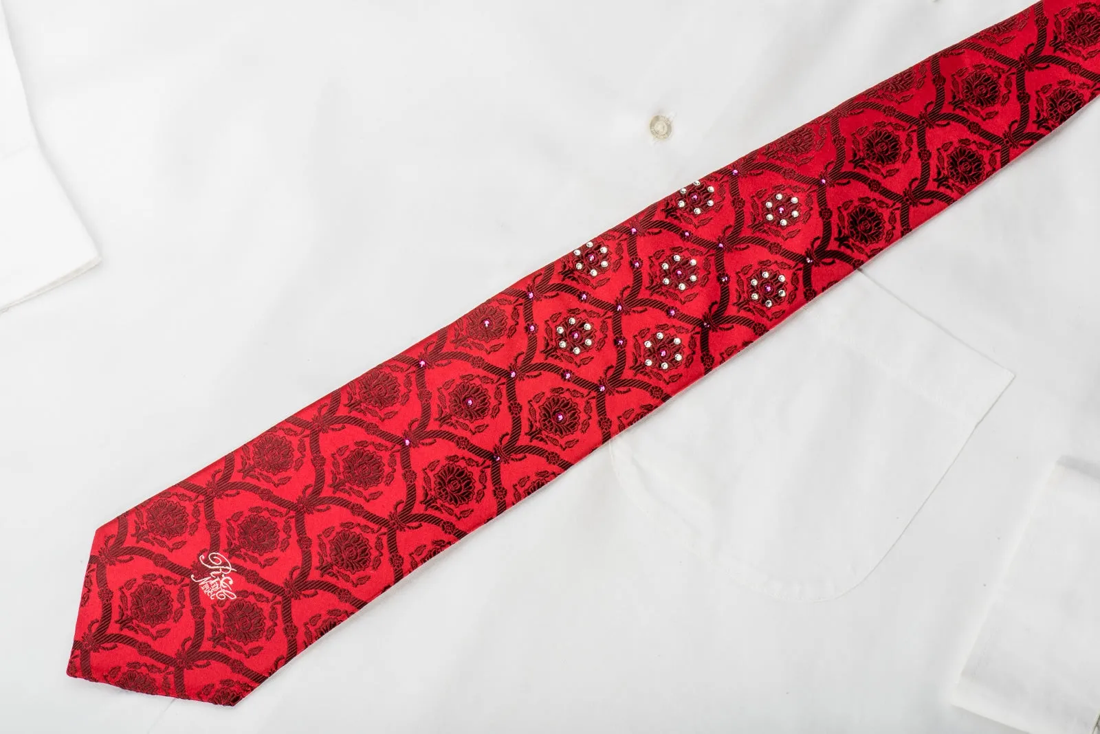 Nina Ricci Mens Rhinestone Silk Necktie Damask On Red