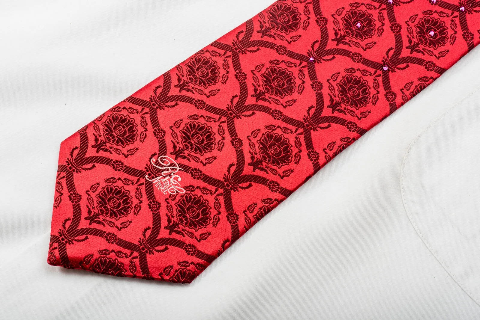 Nina Ricci Mens Rhinestone Silk Necktie Damask On Red