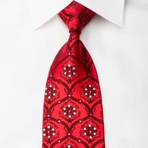 Nina Ricci Mens Rhinestone Silk Necktie Damask On Red