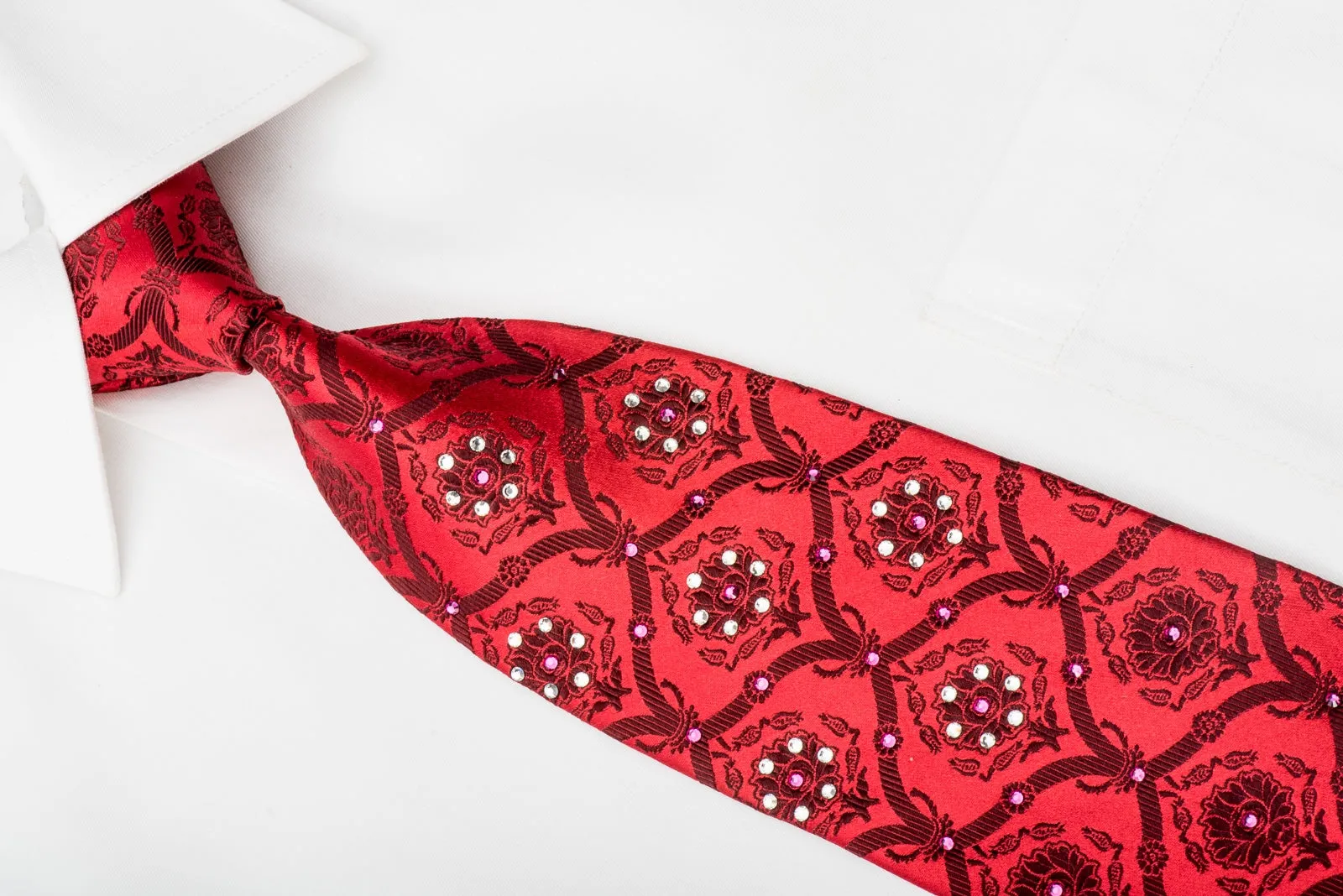 Nina Ricci Mens Rhinestone Silk Necktie Damask On Red