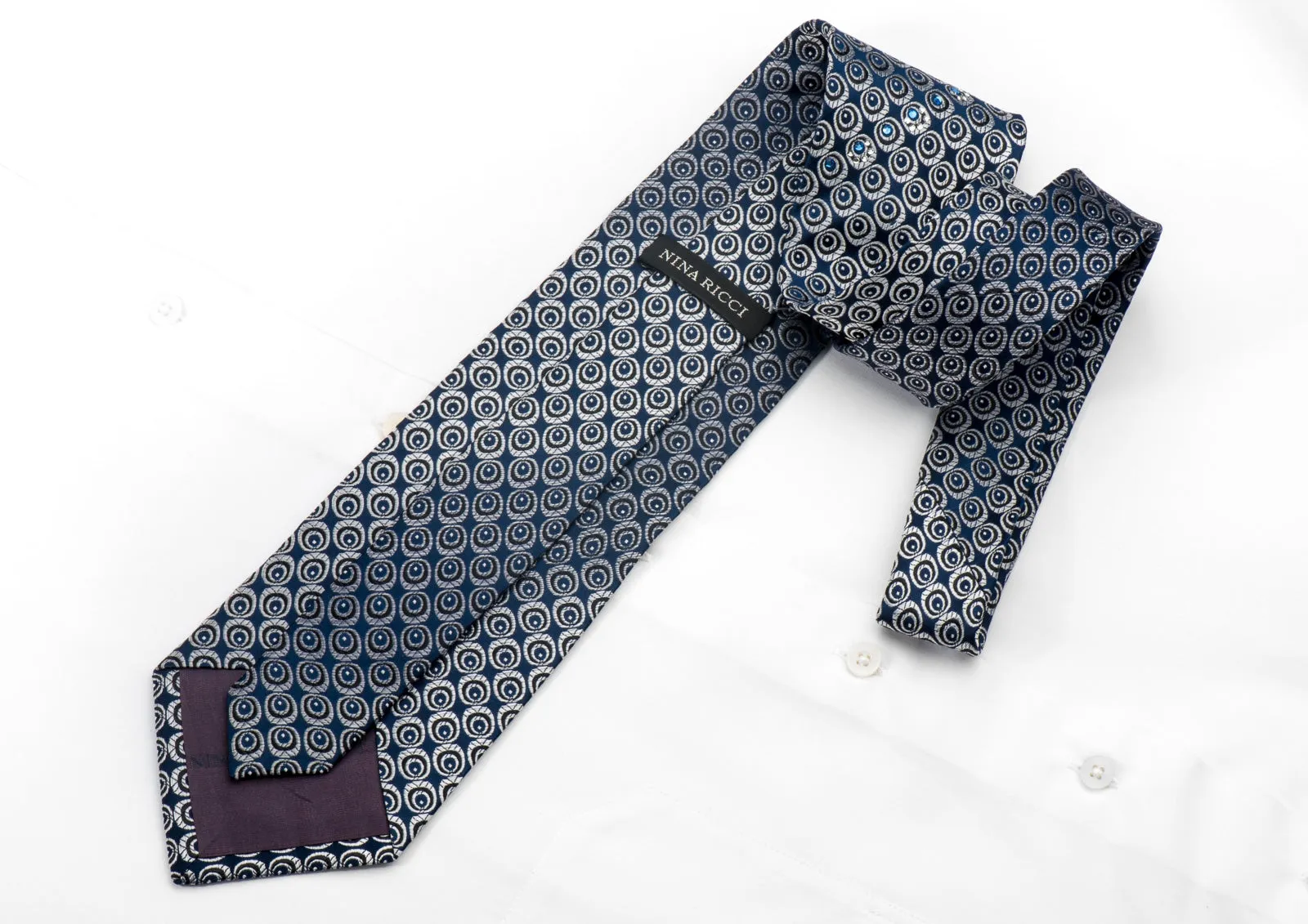 Nina Ricci Men's Silk Tie Silver Geometric On Blue Sparkling With Crystal Rhinestones