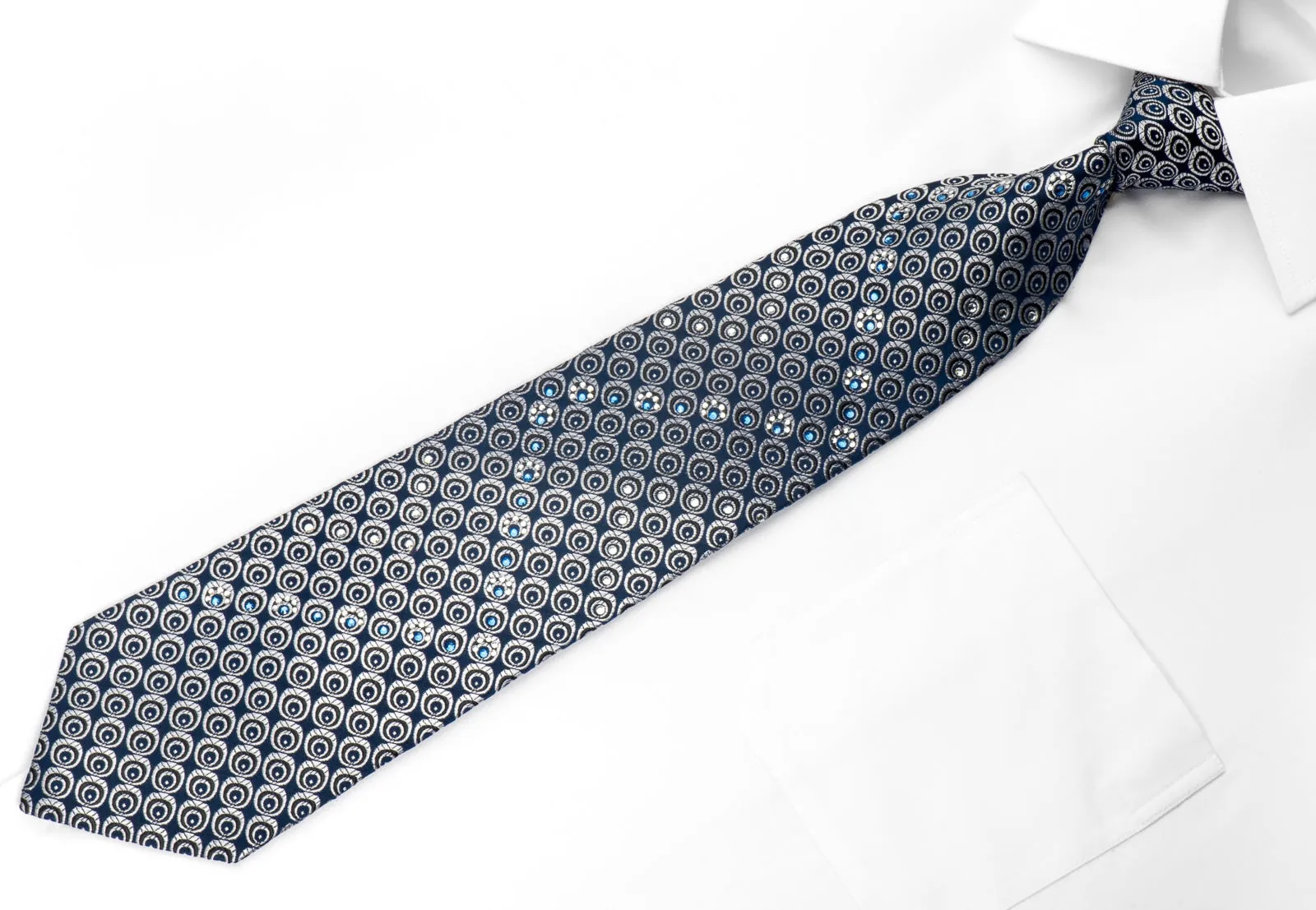 Nina Ricci Men's Silk Tie Silver Geometric On Blue Sparkling With Crystal Rhinestones