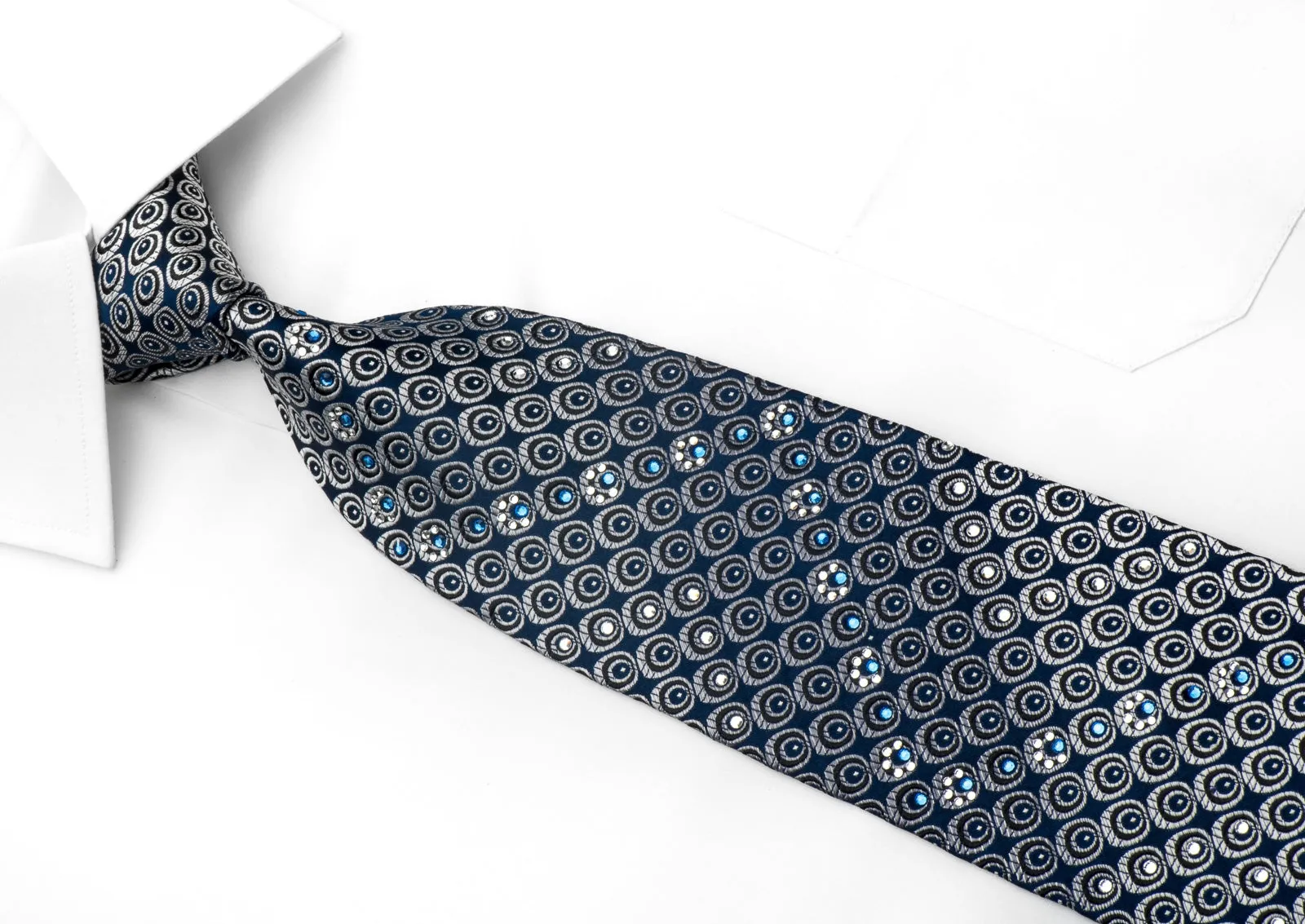 Nina Ricci Men's Silk Tie Silver Geometric On Blue Sparkling With Crystal Rhinestones