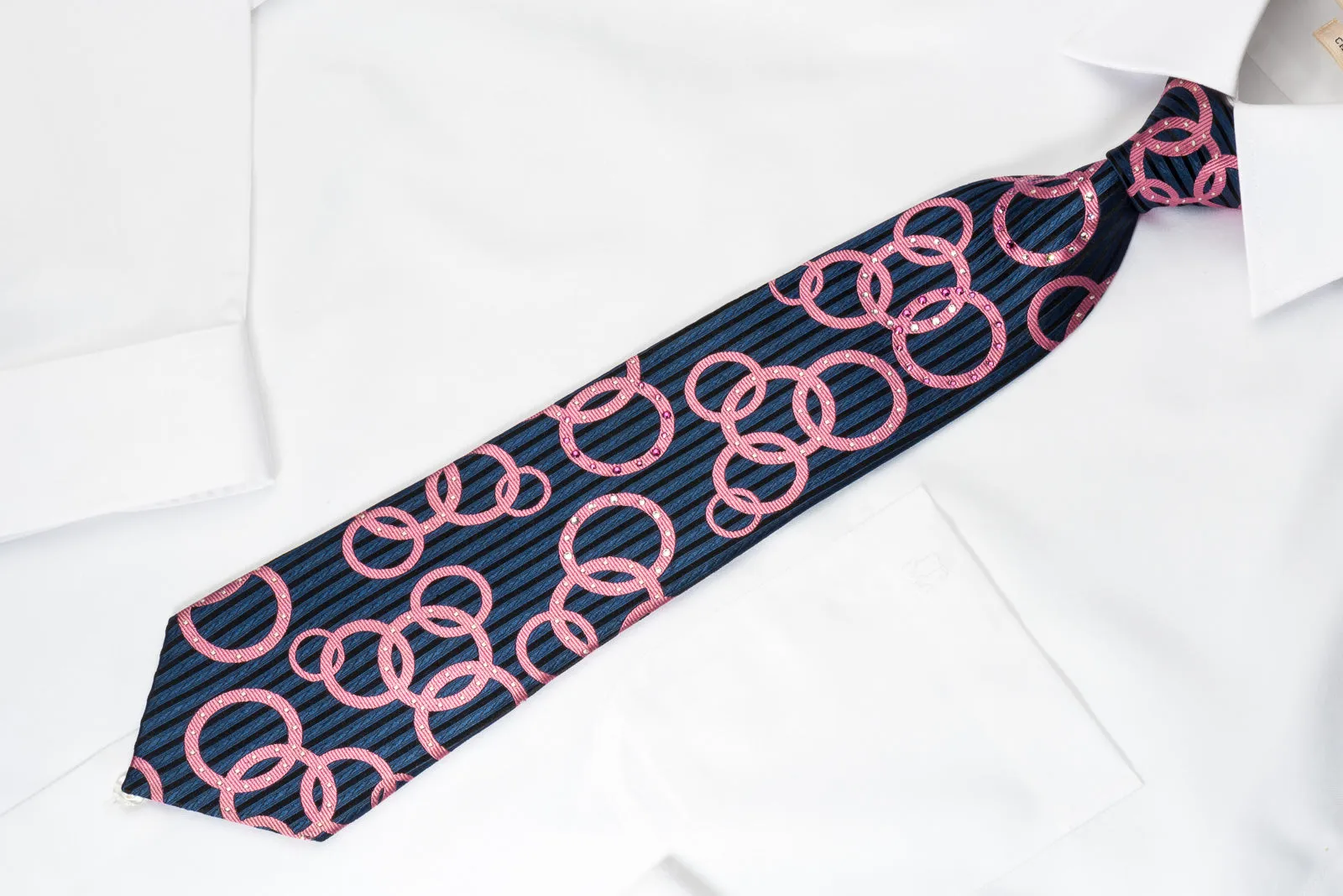 Nina Ricci Rhinestone Necktie Pink Geometric Circles On Blue Woven Silk