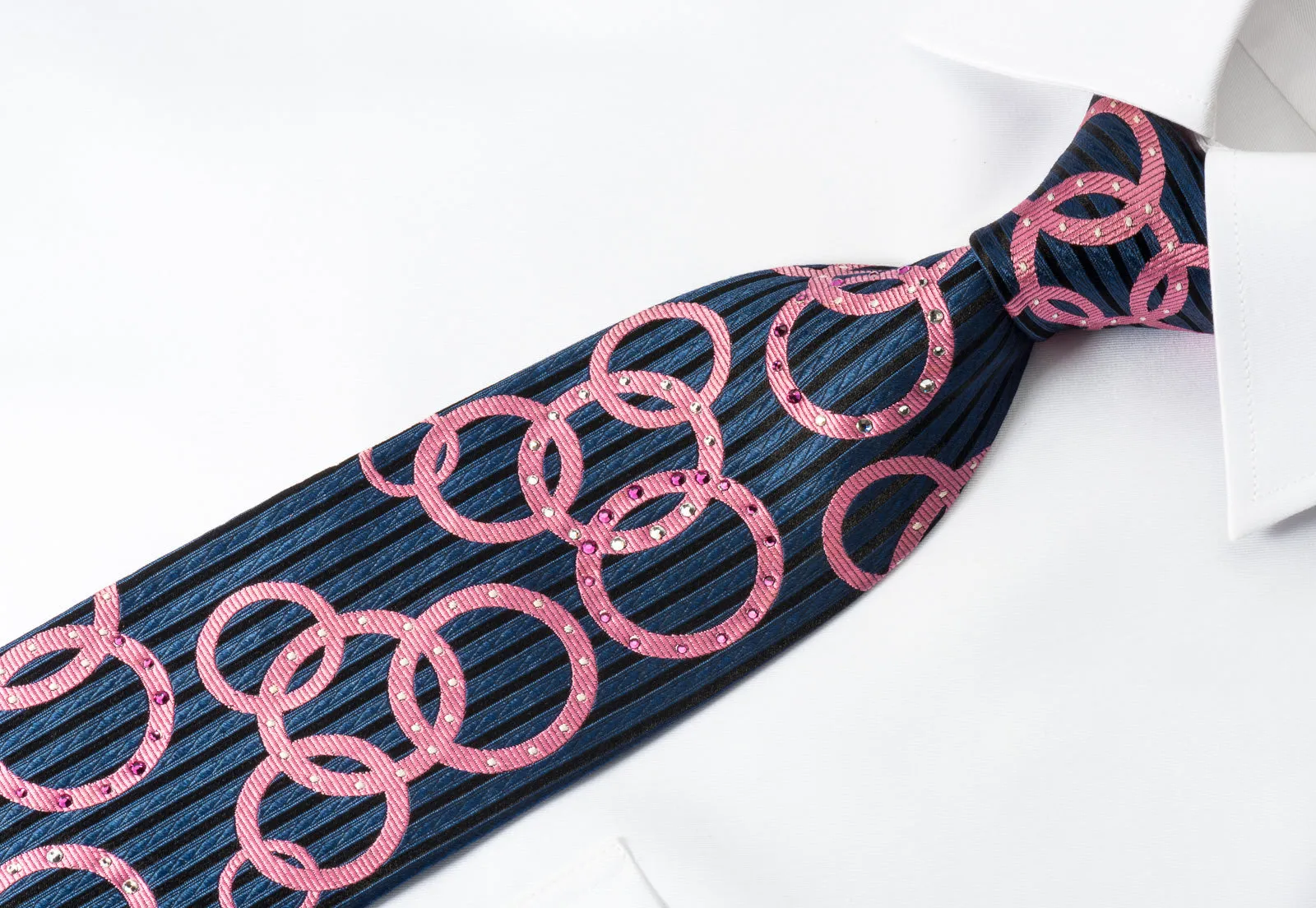 Nina Ricci Rhinestone Necktie Pink Geometric Circles On Blue Woven Silk