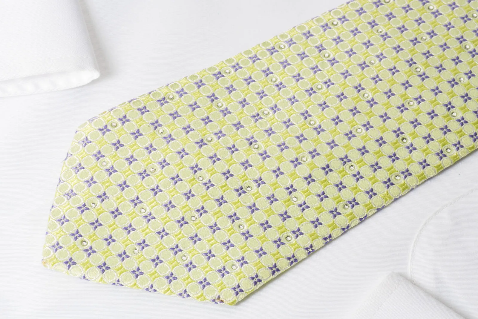 Nina Ricci Silk Rhinestone Necktie Lime Green & Mauve Geometric Design