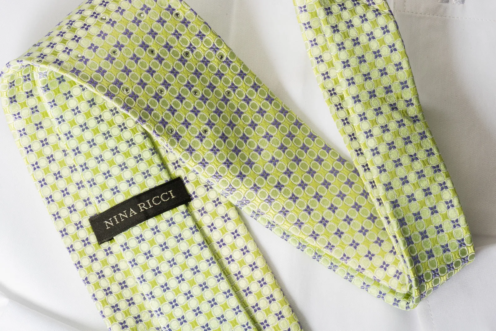 Nina Ricci Silk Rhinestone Necktie Lime Green & Mauve Geometric Design