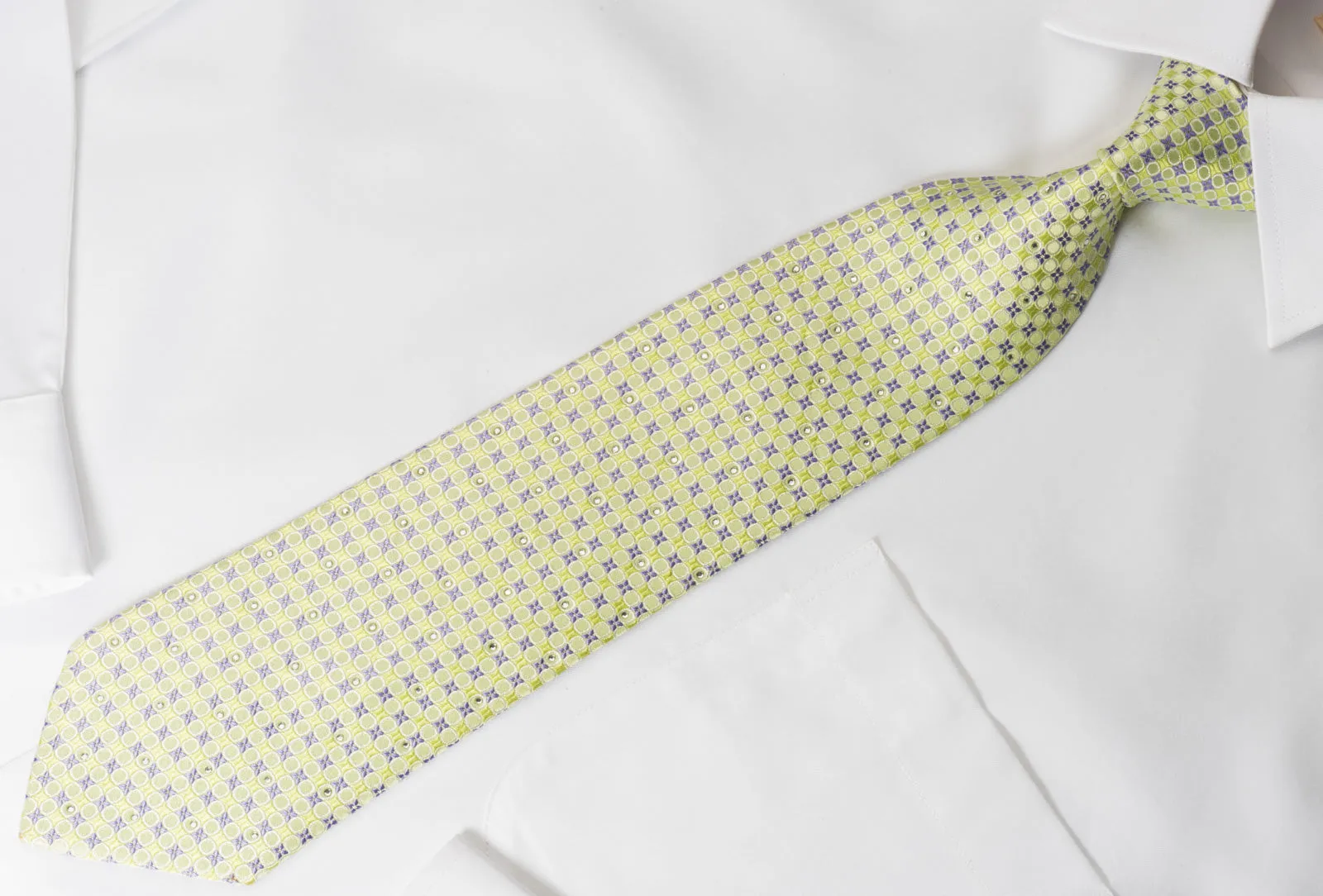 Nina Ricci Silk Rhinestone Necktie Lime Green & Mauve Geometric Design