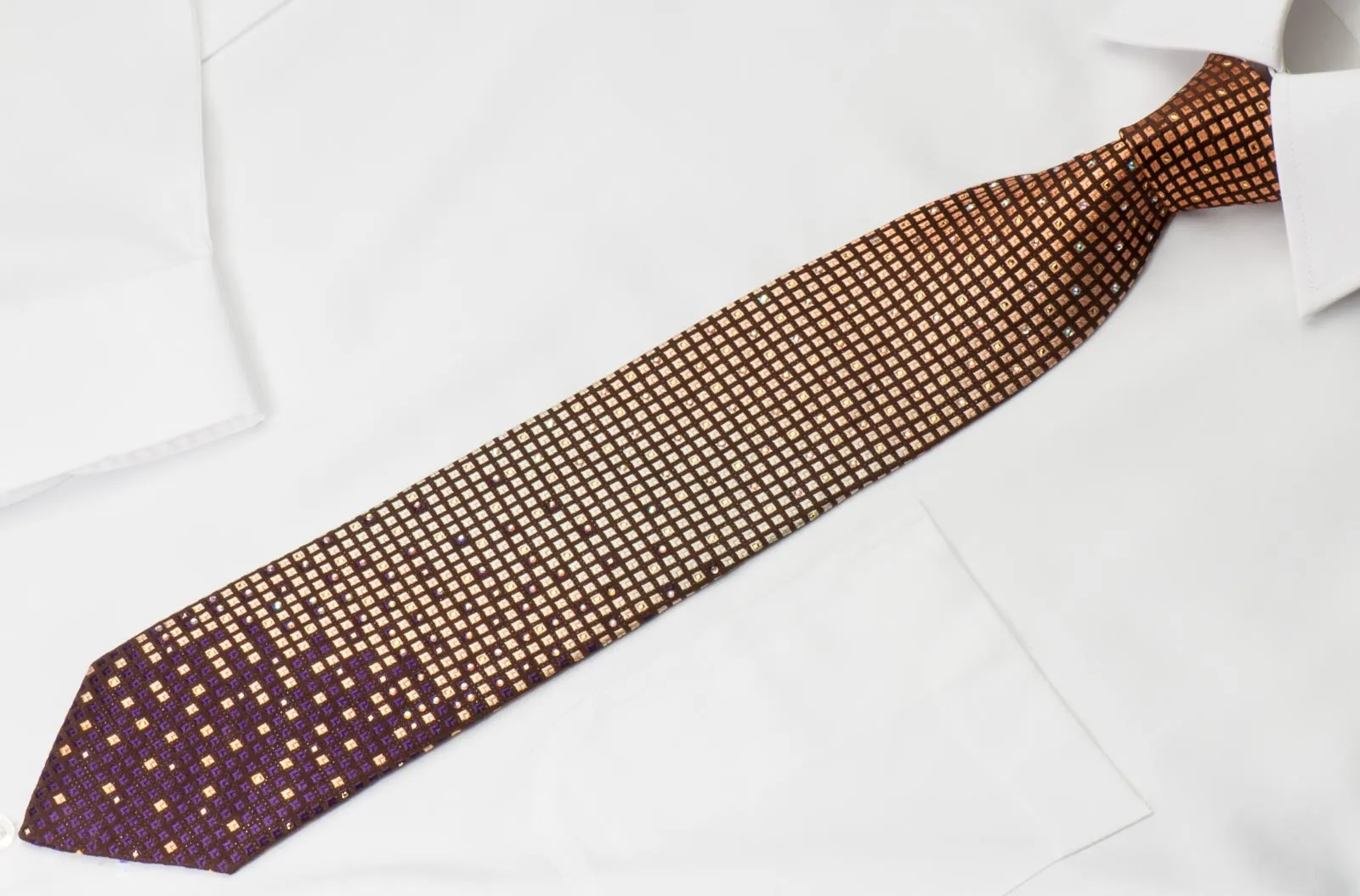 Nina Ricci Stylish Rhinestone Silk Tie With Bling Orange Checked On Brown With Micro Silver Sparkles